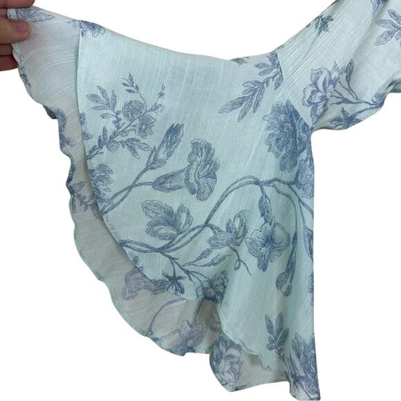 Sage Blue Floral Sheer Gauze Fairy Coquette Whimsical Top OpenBack Bell Sleeve L - Picture 3 of 7